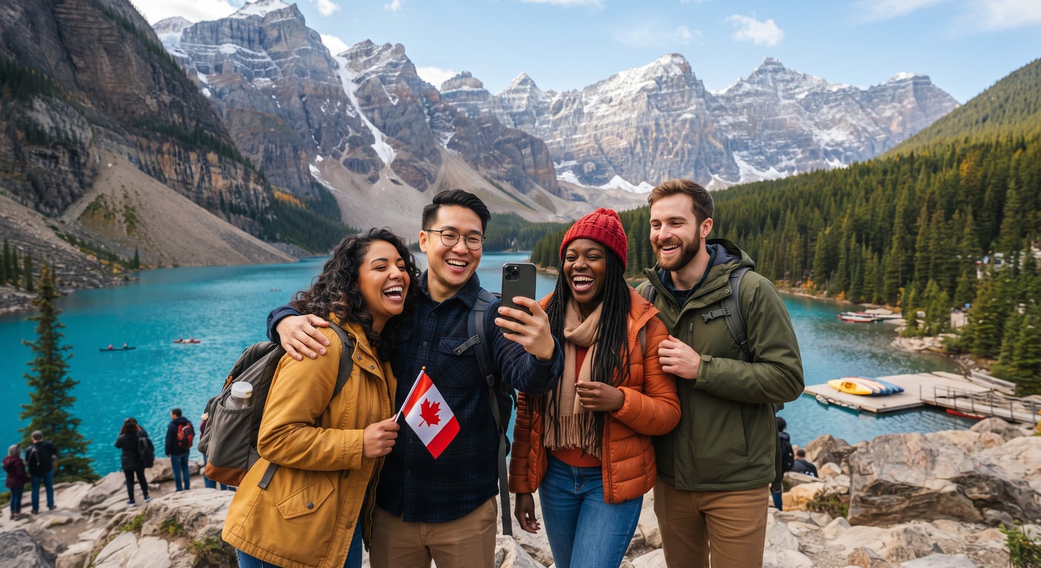 Viajeros disfrutando de un paisaje montañoso en Canadá