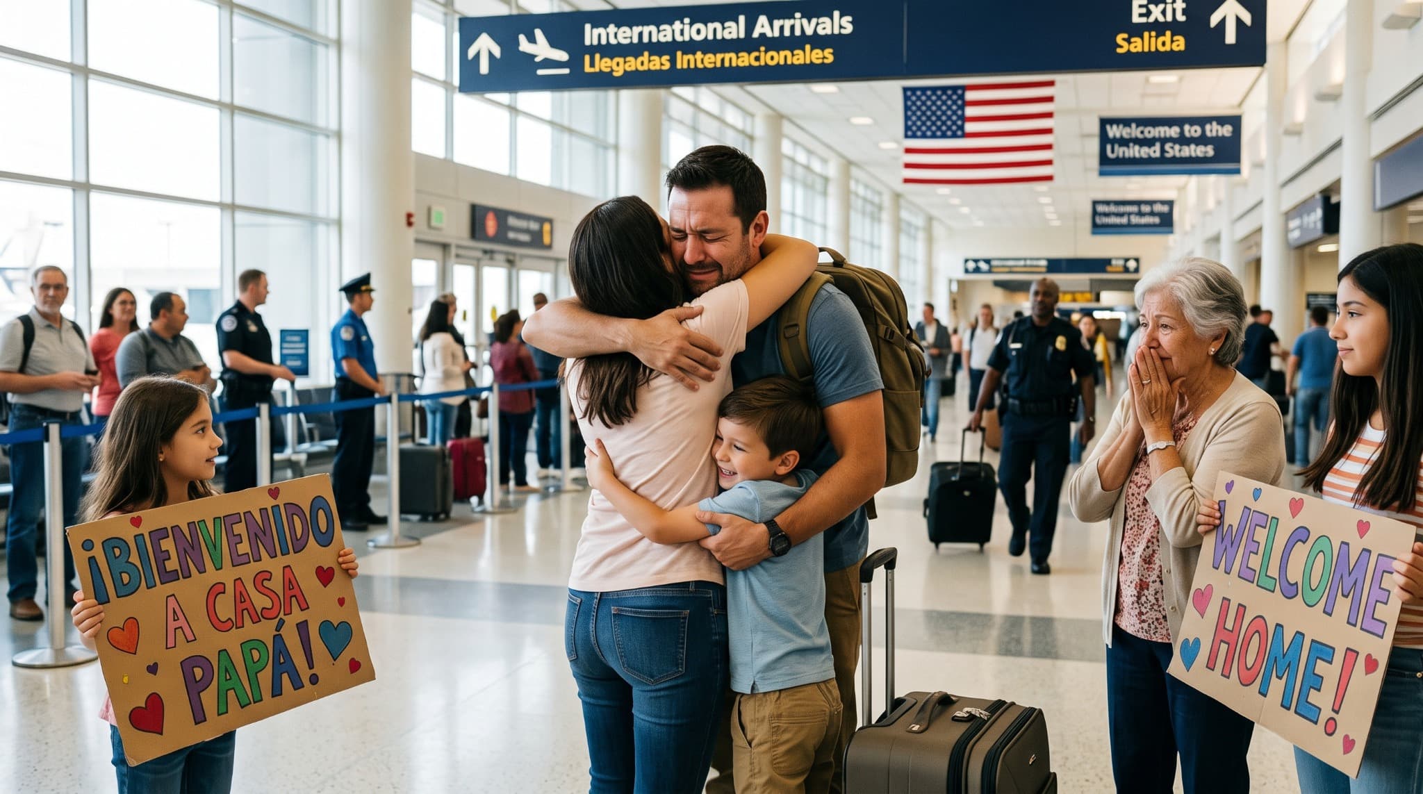 Familia reencontrándose en un aeropuerto de Estados Unidos