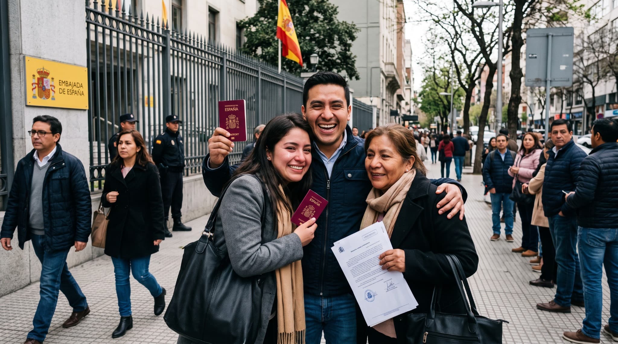 Familia celebrando frente a una representación oficial de España
